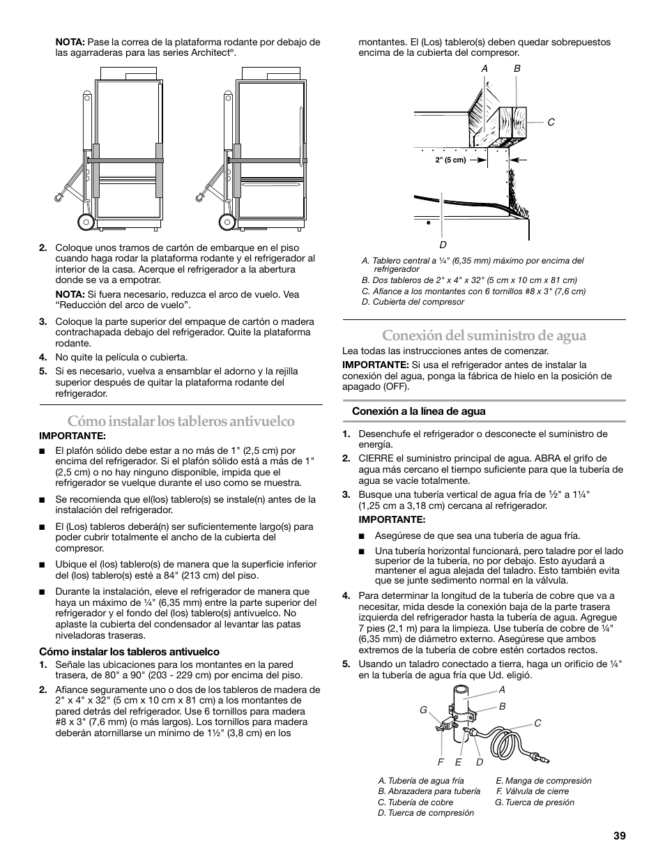 Cómo instalar los tableros antivuelco, Conexión del suministro de agua | KITCHENAID 2307890A User Manual | Page 39 / 68