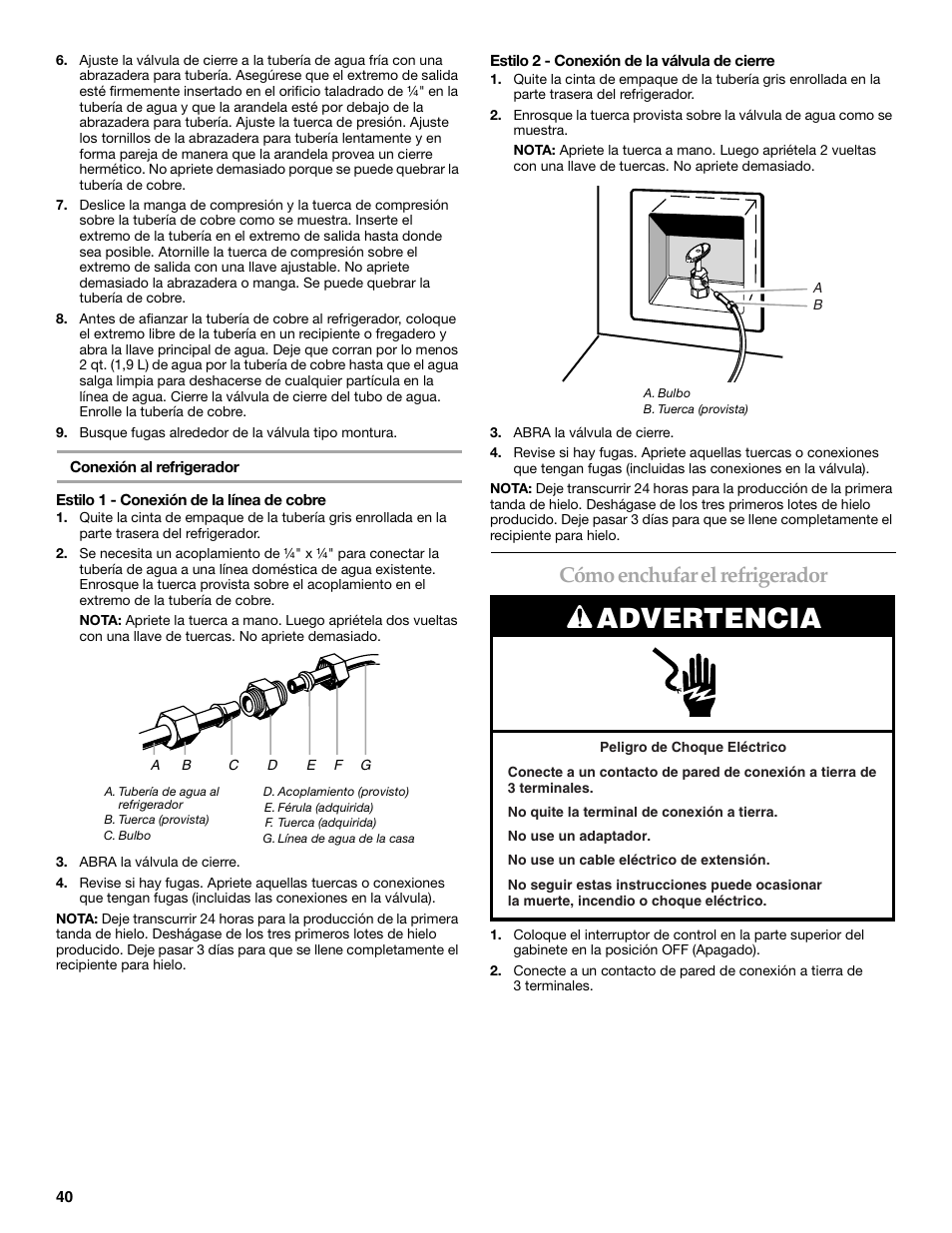 Advertencia, Cómo enchufar el refrigerador | KITCHENAID 2307890A User Manual | Page 40 / 68