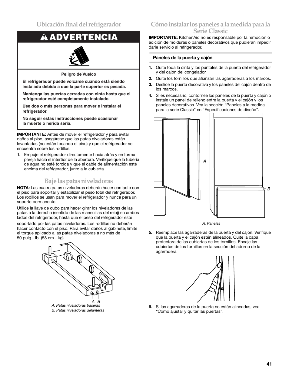 Advertencia, Ubicación final del refrigerador, Baje las patas niveladoras | KITCHENAID 2307890A User Manual | Page 41 / 68