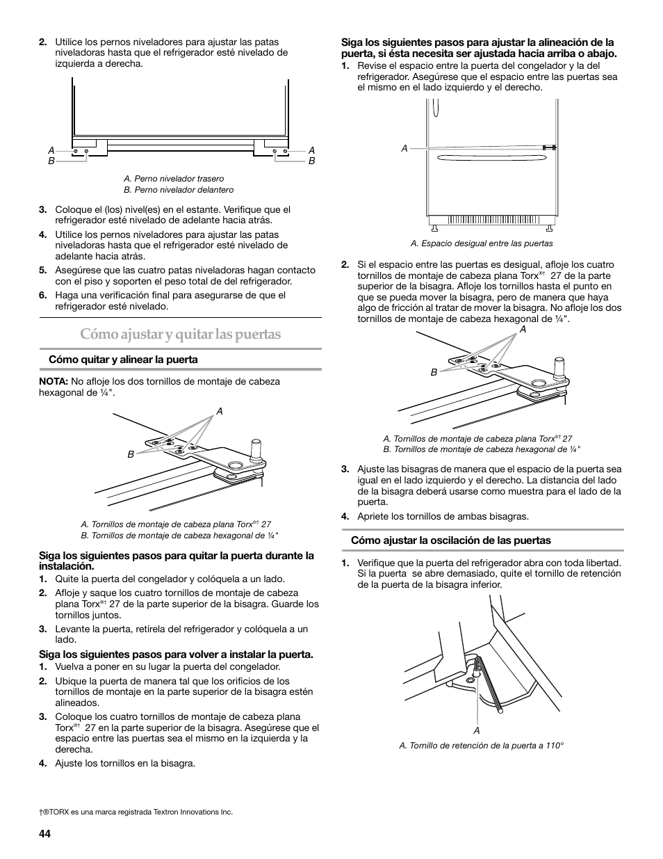 Cómo ajustar y quitar las puertas | KITCHENAID 2307890A User Manual | Page 44 / 68