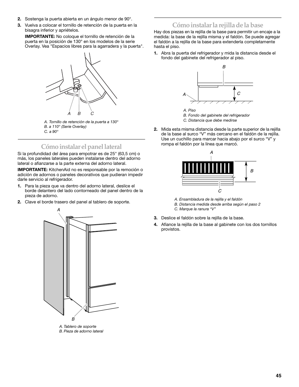 Cómo instalar el panel lateral, Cómo instalar la rejilla de la base | KITCHENAID 2307890A User Manual | Page 45 / 68