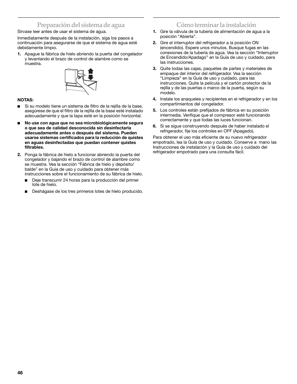 Preparación del sistema de agua, Cómo terminar la instalación | KITCHENAID 2307890A User Manual | Page 46 / 68