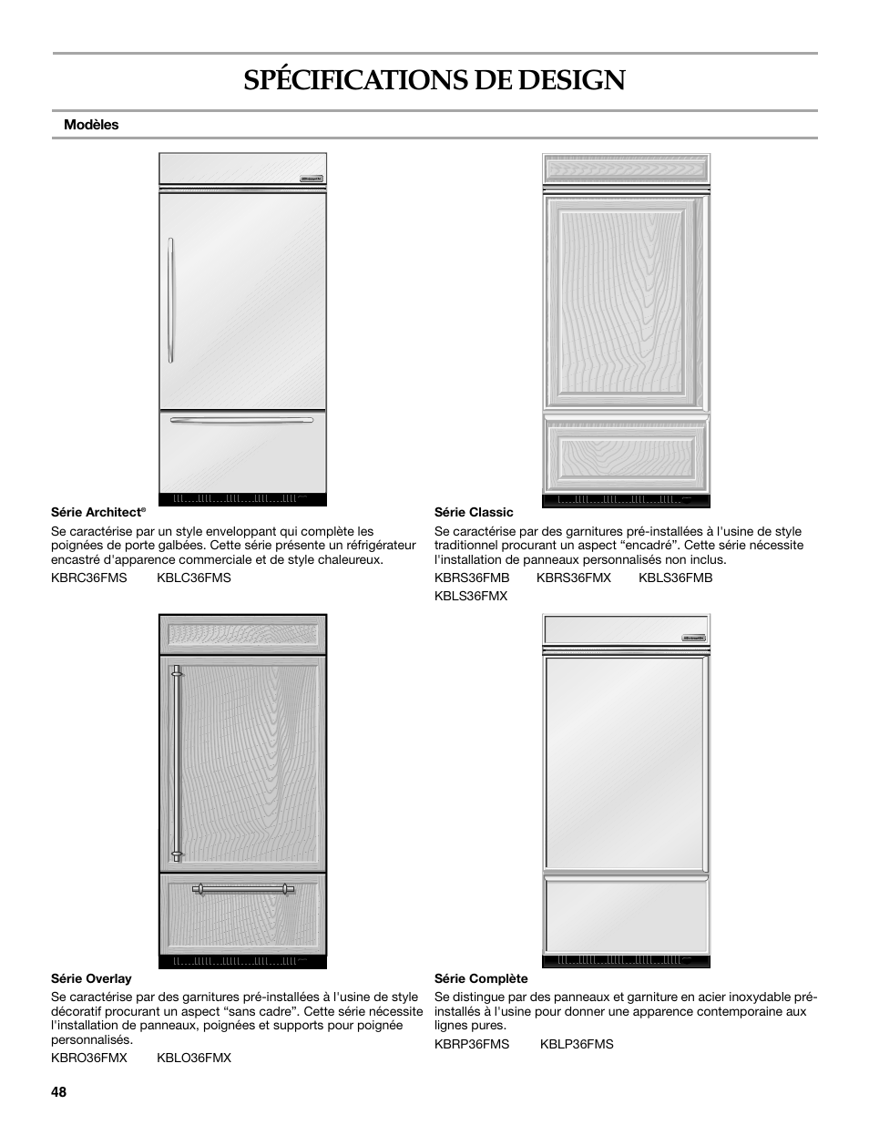 Spécifications de design | KITCHENAID 2307890A User Manual | Page 48 / 68