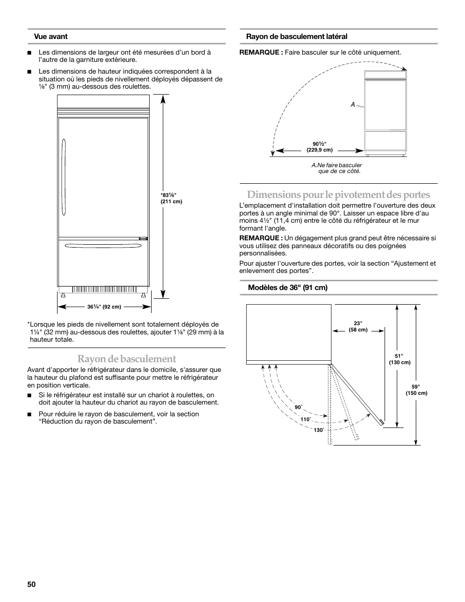 Rayon de basculement, Dimensions pour le pivotement des portes | KITCHENAID 2307890A User Manual | Page 50 / 68