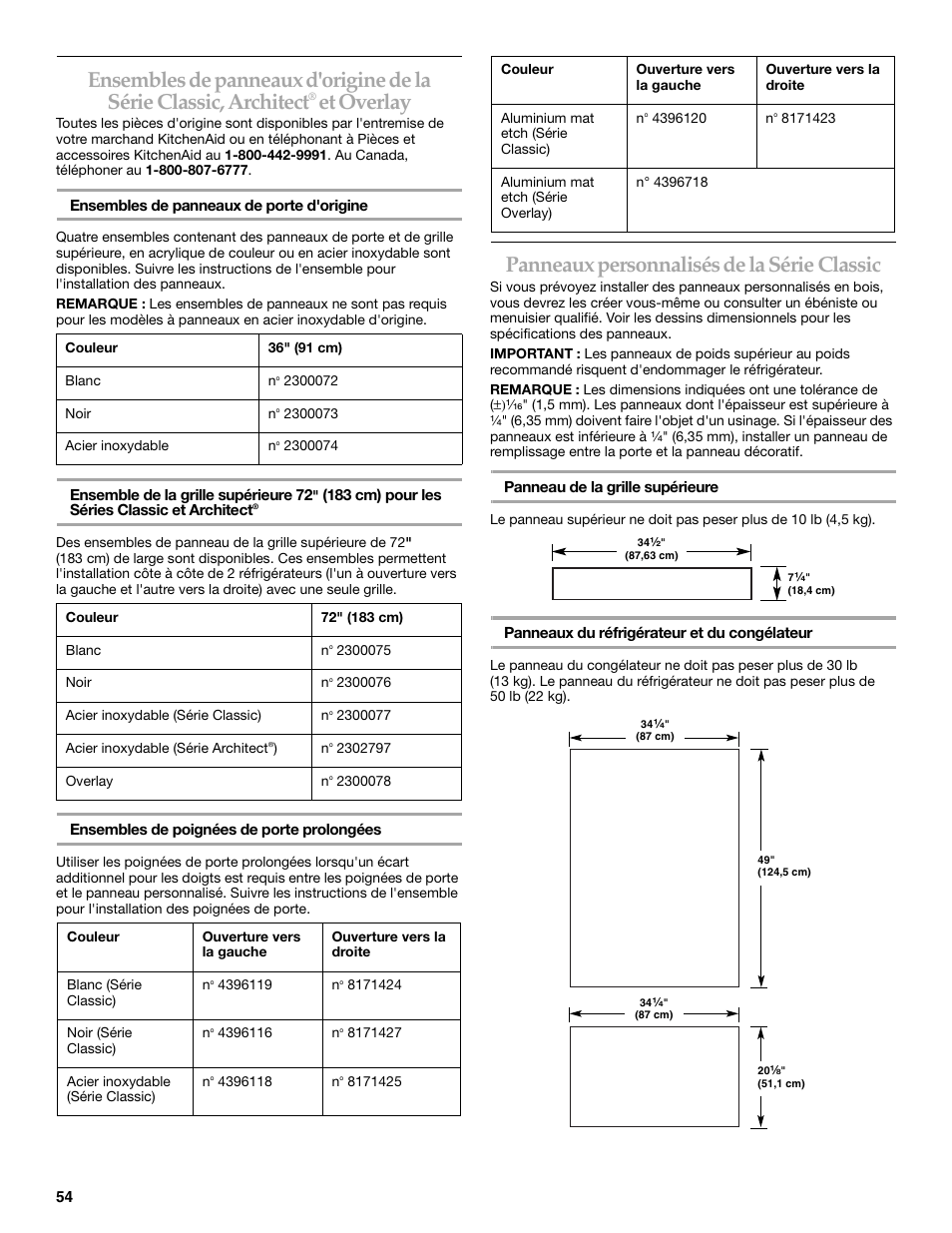 Et overlay, Panneaux personnalisés de la série classic | KITCHENAID 2307890A User Manual | Page 54 / 68