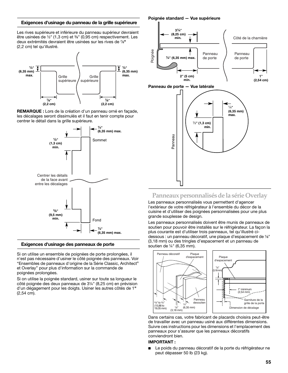 Panneaux personnalisés de la série overlay, Exigences d'usinage des panneaux de porte | KITCHENAID 2307890A User Manual | Page 55 / 68