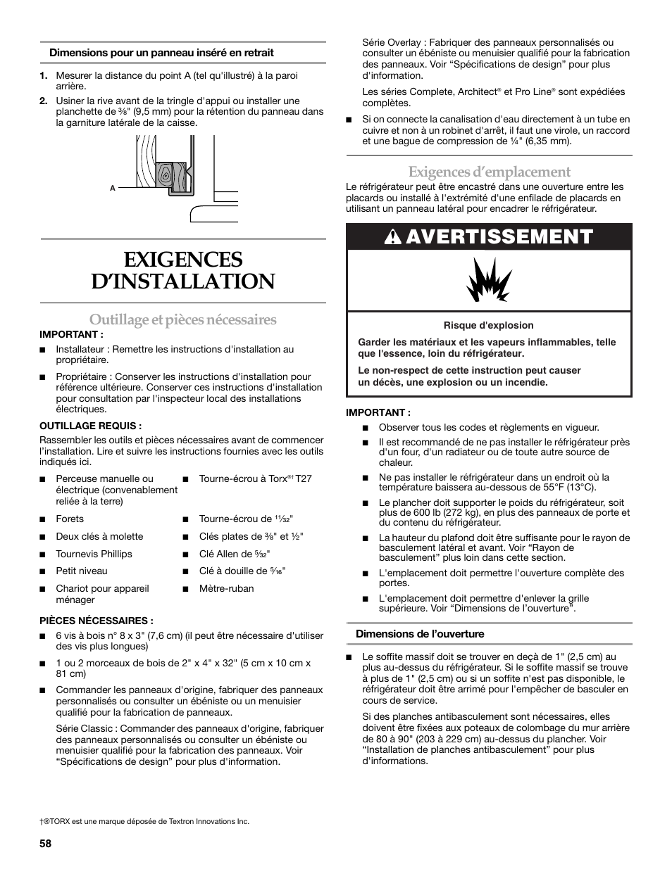 Exigences d'installation, Exigences d’installation, Avertissement | Outillage et pièces nécessaires, Exigences d’emplacement | KITCHENAID 2307890A User Manual | Page 58 / 68