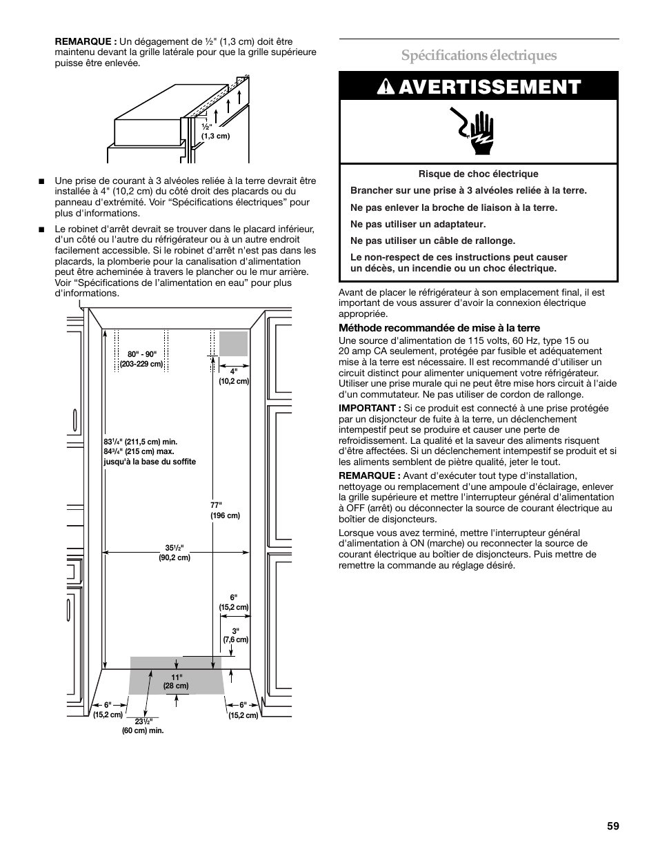 Avertissement, Spécifications électriques | KITCHENAID 2307890A User Manual | Page 59 / 68