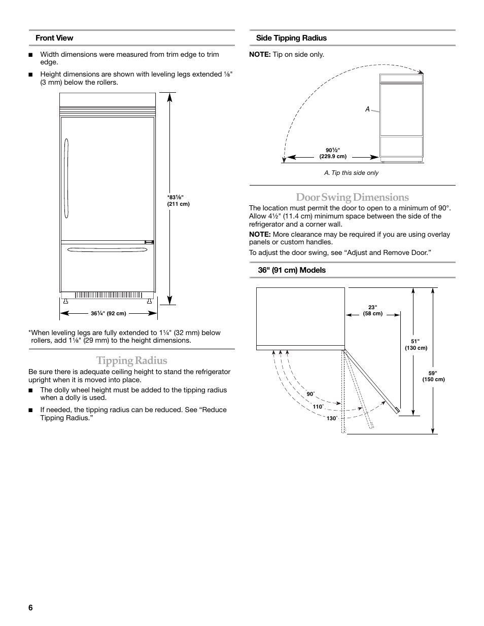 Tipping radius, Door swing dimensions | KITCHENAID 2307890A User Manual | Page 6 / 68