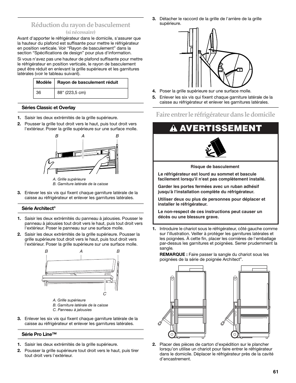 Avertissement, Réduction du rayon de basculement, Faire entrer le réfrigérateur dans le domicile | KITCHENAID 2307890A User Manual | Page 61 / 68