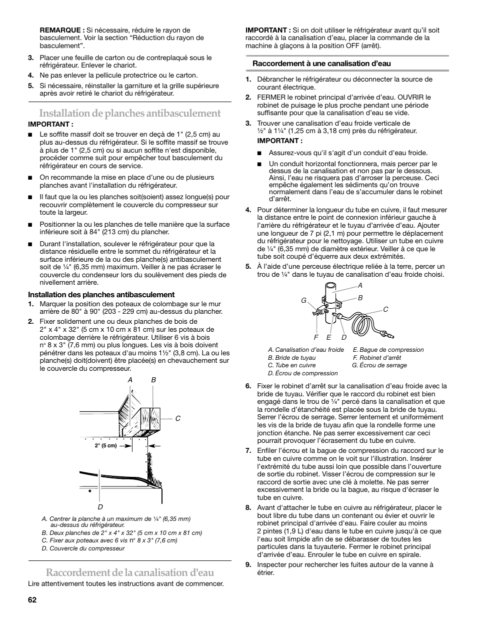 Installation de planches antibasculement, Raccordement de la canalisation d'eau | KITCHENAID 2307890A User Manual | Page 62 / 68