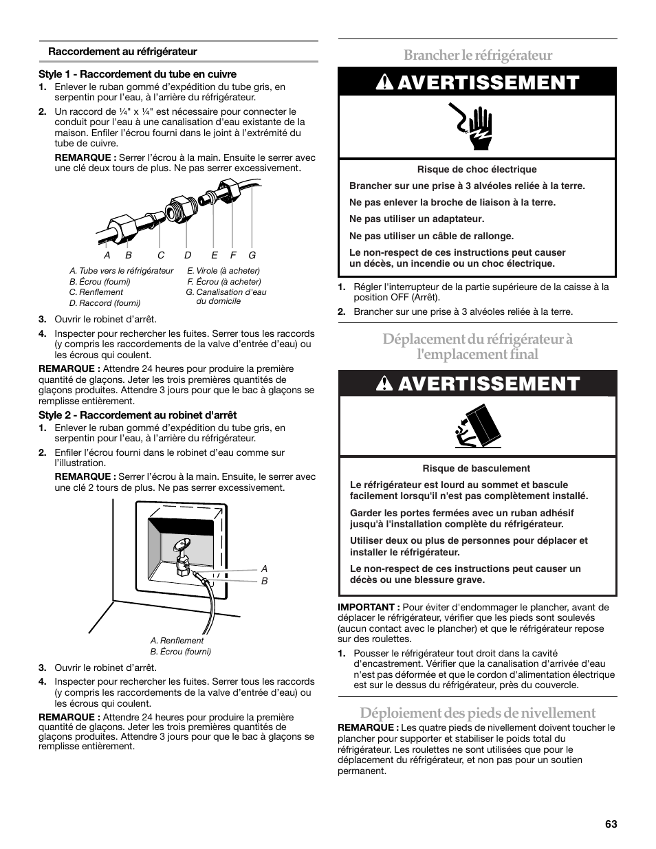 Avertissement, Brancher le réfrigérateur, Déplacement du réfrigérateur à l'emplacement final | Déploiement des pieds de nivellement | KITCHENAID 2307890A User Manual | Page 63 / 68