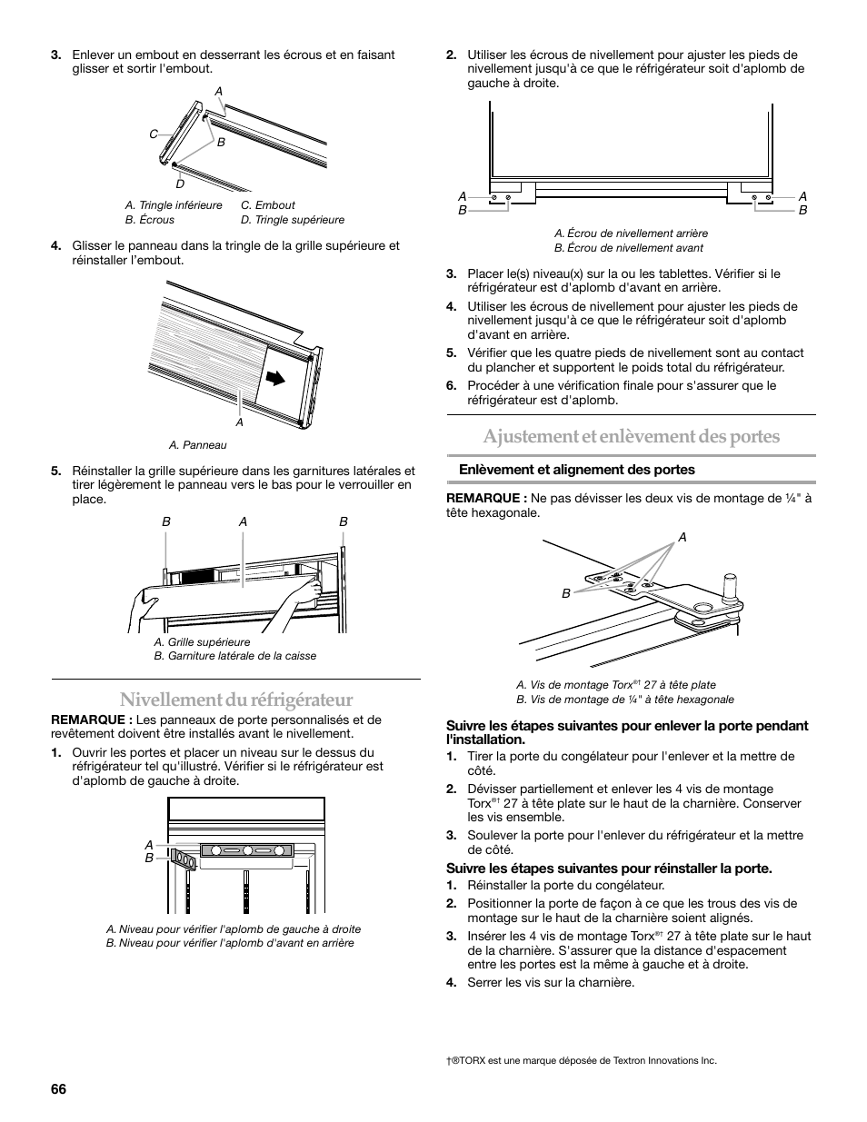 Nivellement du réfrigérateur, Ajustement et enlèvement des portes | KITCHENAID 2307890A User Manual | Page 66 / 68