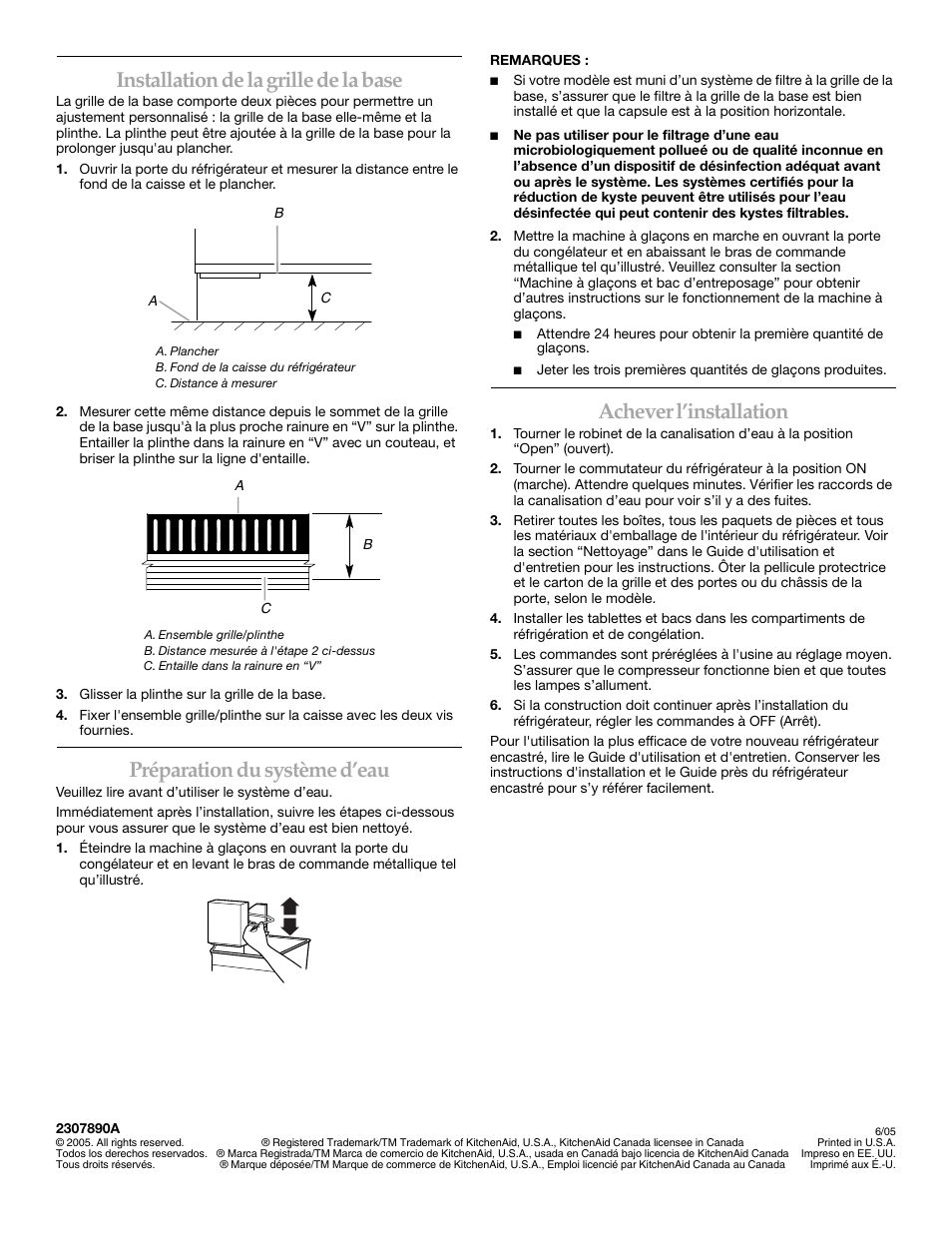 Installation de la grille de la base, Préparation du système d’eau, Achever l’installation | KITCHENAID 2307890A User Manual | Page 68 / 68