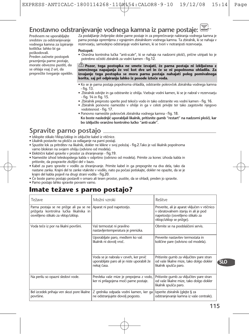 Spravite parno postajo, Imate teïave s parno postajo | Tefal GV 7250 User Manual | Page 116 / 134