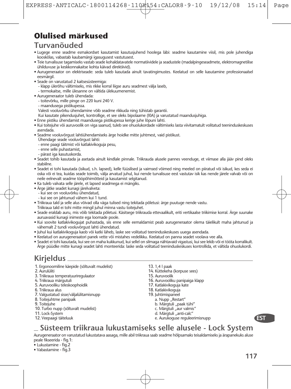 Olulised märkused turvanõuded | Tefal GV 7250 User Manual | Page 118 / 134
