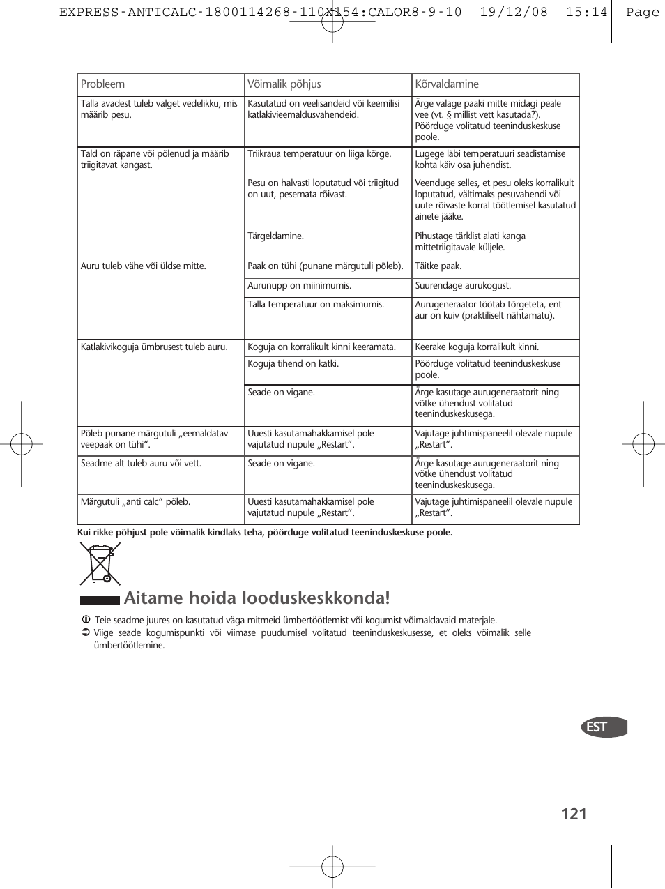 Aitame hoida looduskeskkonda | Tefal GV 7250 User Manual | Page 122 / 134