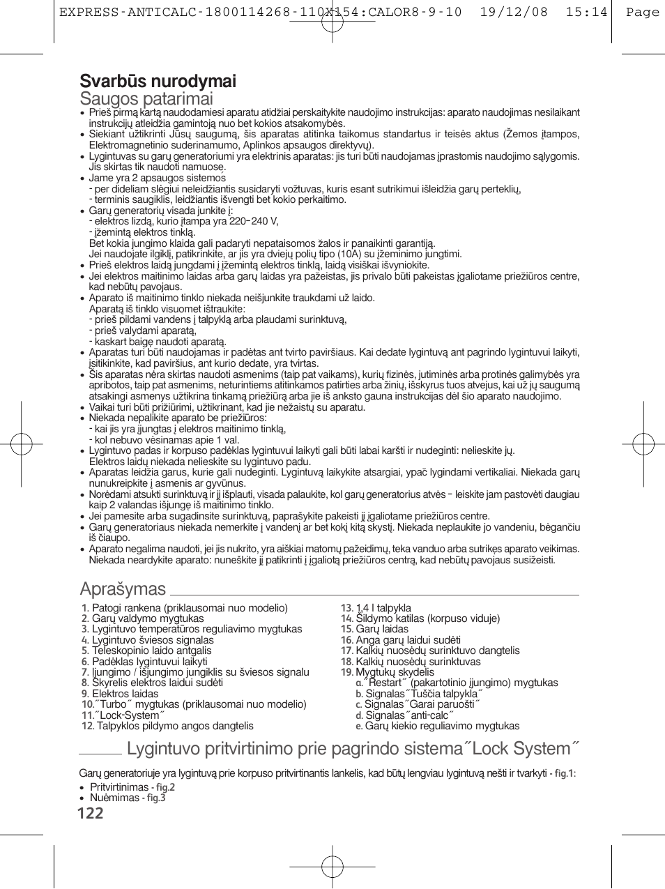 Svarbu\s nurodymai saugos patarimai | Tefal GV 7250 User Manual | Page 123 / 134