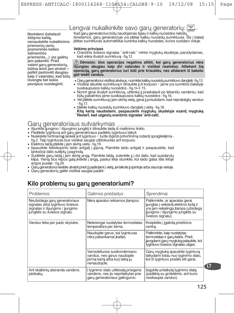 Lengvai nukalkinkite savo garu$ generatoriu, Garu$ generatoriaus sutvarkymas, Kilo problemu$ su garu$ generatoriumi | Tefal GV 7250 User Manual | Page 126 / 134