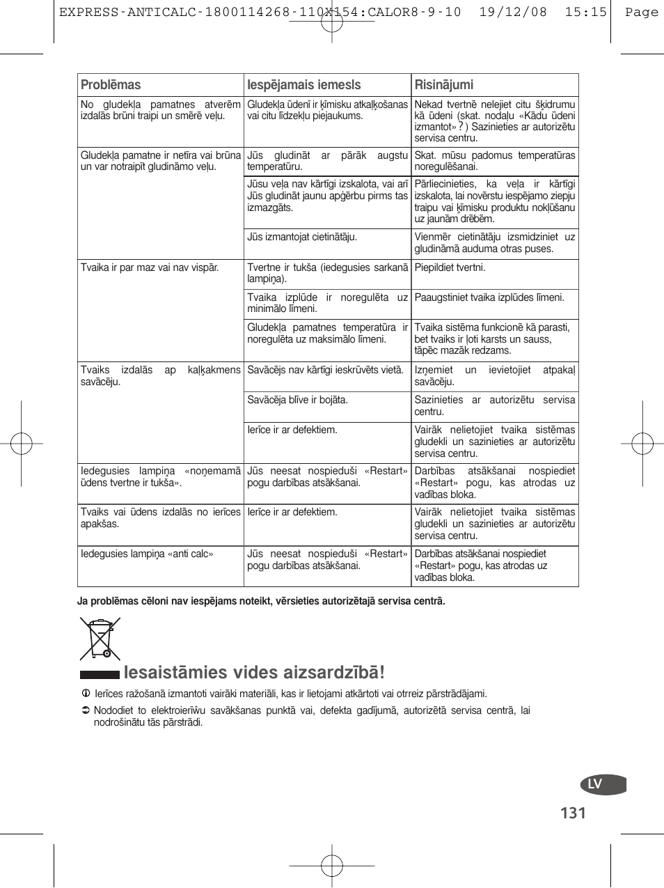 Iesaista\mies vides aizsardzêba | Tefal GV 7250 User Manual | Page 132 / 134