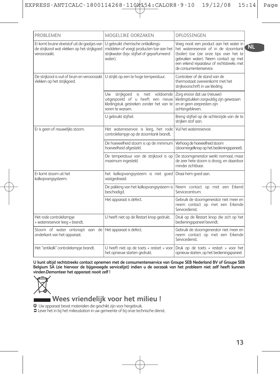 Wees vriendelijk voor het milieu | Tefal GV 7250 User Manual | Page 14 / 134