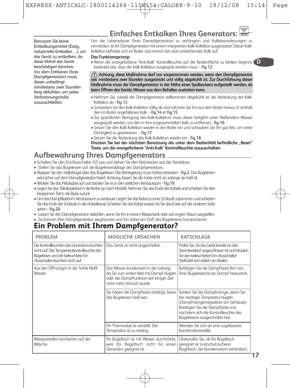 Einfaches entkalken ihres generators, Aufbewahrung ihres dampfgenerators, Ein problem mit ihrem dampfgenerator | Tefal GV 7250 User Manual | Page 18 / 134