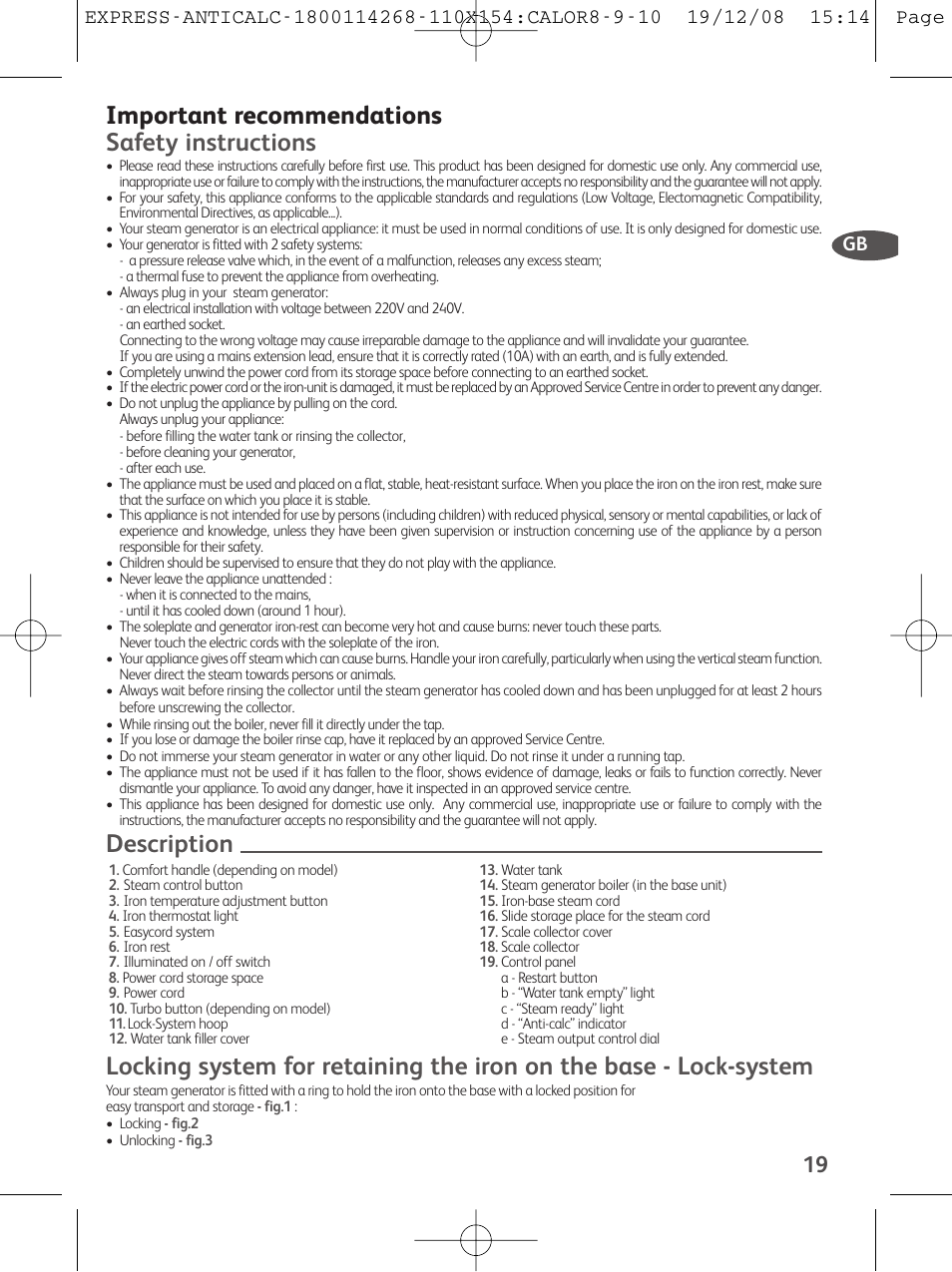 Important recommendations safety instructions | Tefal GV 7250 User Manual | Page 20 / 134