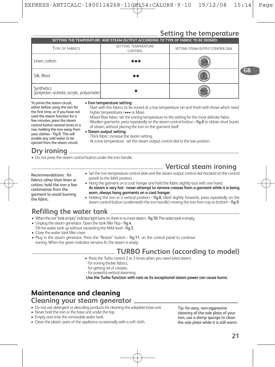 Setting the temperature, Dry ironing, Vertical steam ironing | Refilling the water tank, Turbo function (according to model) | Tefal GV 7250 User Manual | Page 22 / 134