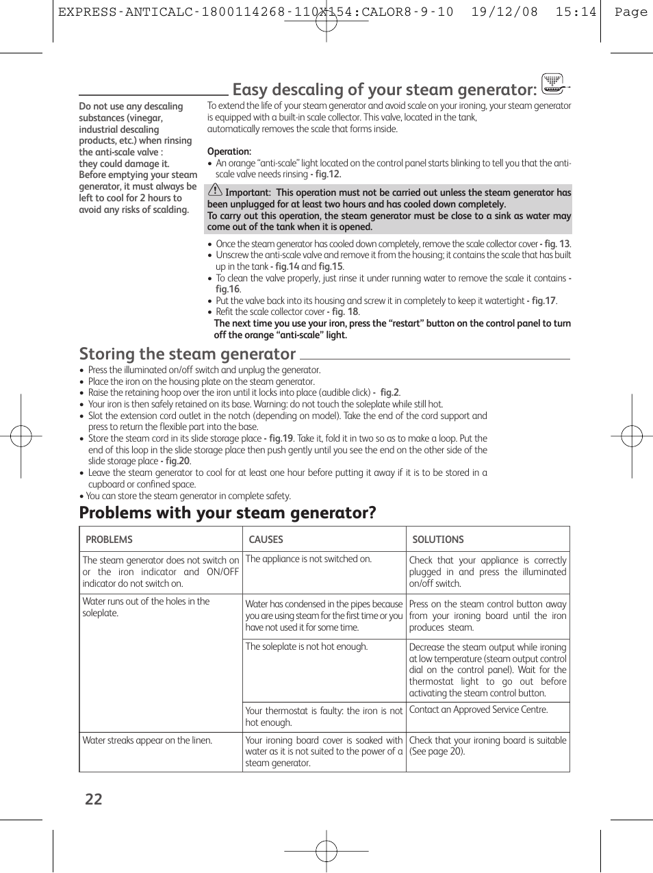 Easy descaling of your steam generator, Storing the steam generator, Problems with your steam generator | Tefal GV 7250 User Manual | Page 23 / 134