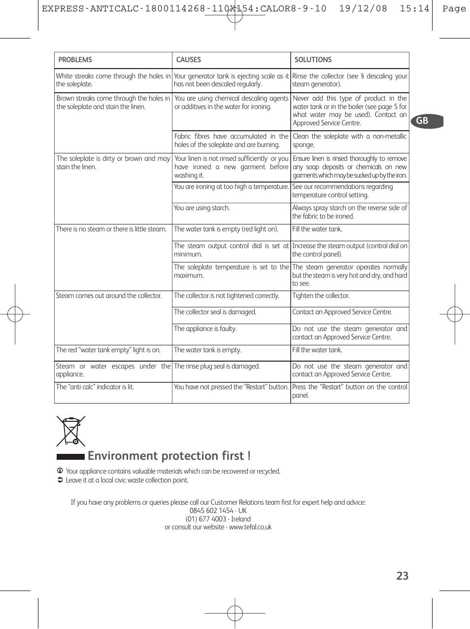 Environment protection first | Tefal GV 7250 User Manual | Page 24 / 134