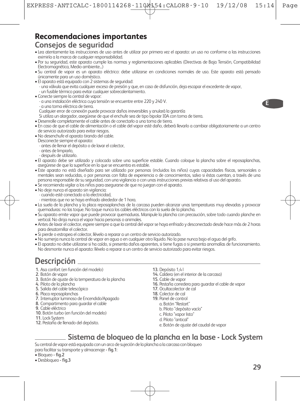 Descripción, Recomendaciones importantes consejos de seguridad | Tefal GV 7250 User Manual | Page 30 / 134