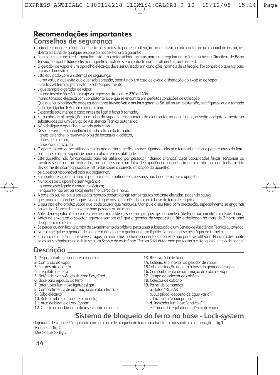 Recomendações importantes conselhos de segurança | Tefal GV 7250 User Manual | Page 35 / 134