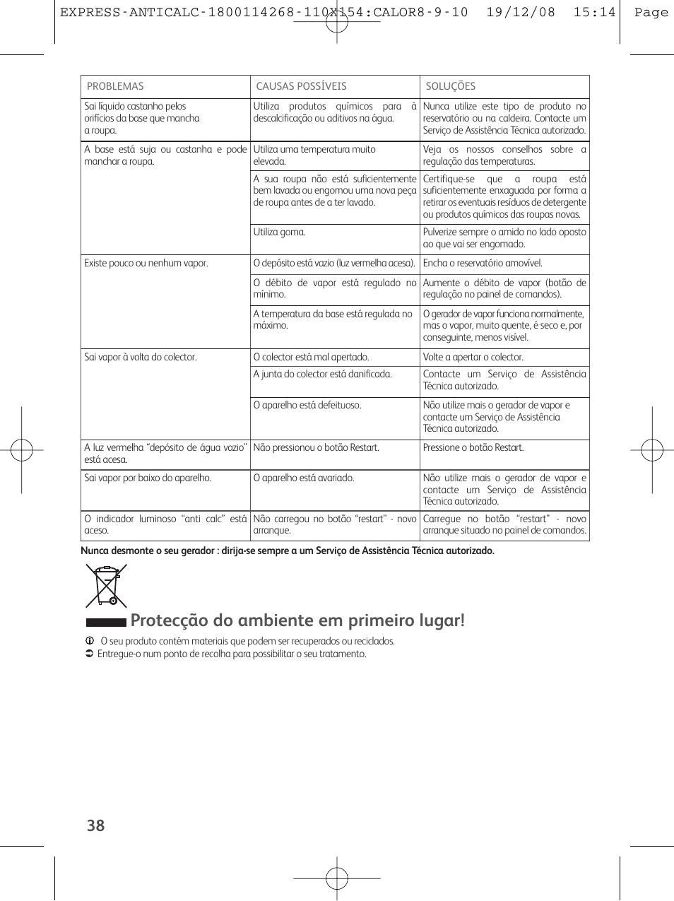 Protecção do ambiente em primeiro lugar | Tefal GV 7250 User Manual | Page 39 / 134