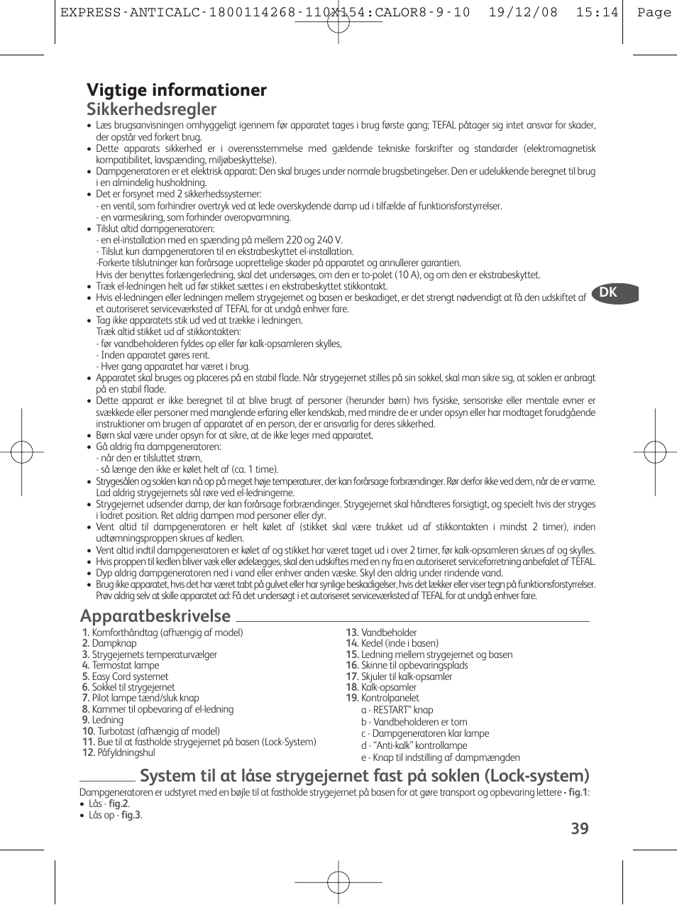 Vigtige informationer sikkerhedsregler | Tefal GV 7250 User Manual | Page 40 / 134