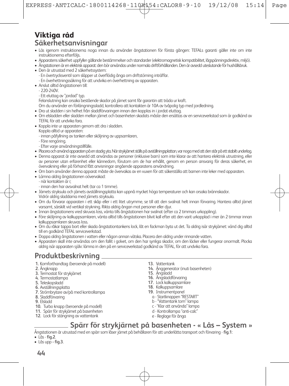 Viktiga råd säkerhetsanvisningar | Tefal GV 7250 User Manual | Page 45 / 134