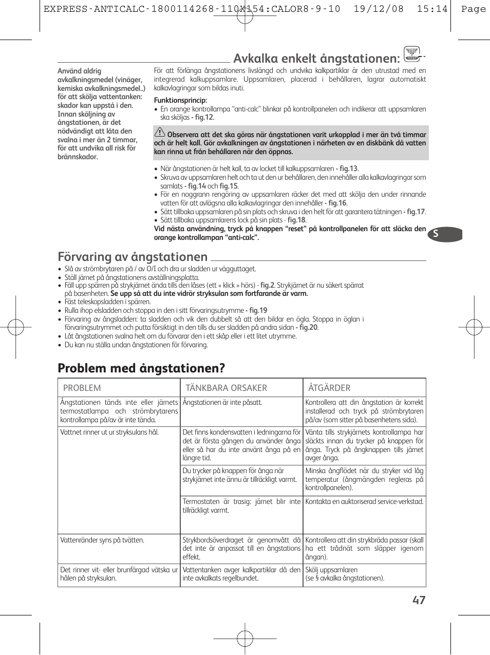 Avkalka enkelt ångstationen, Förvaring av ångstationen, Problem med ångstationen | Tefal GV 7250 User Manual | Page 48 / 134