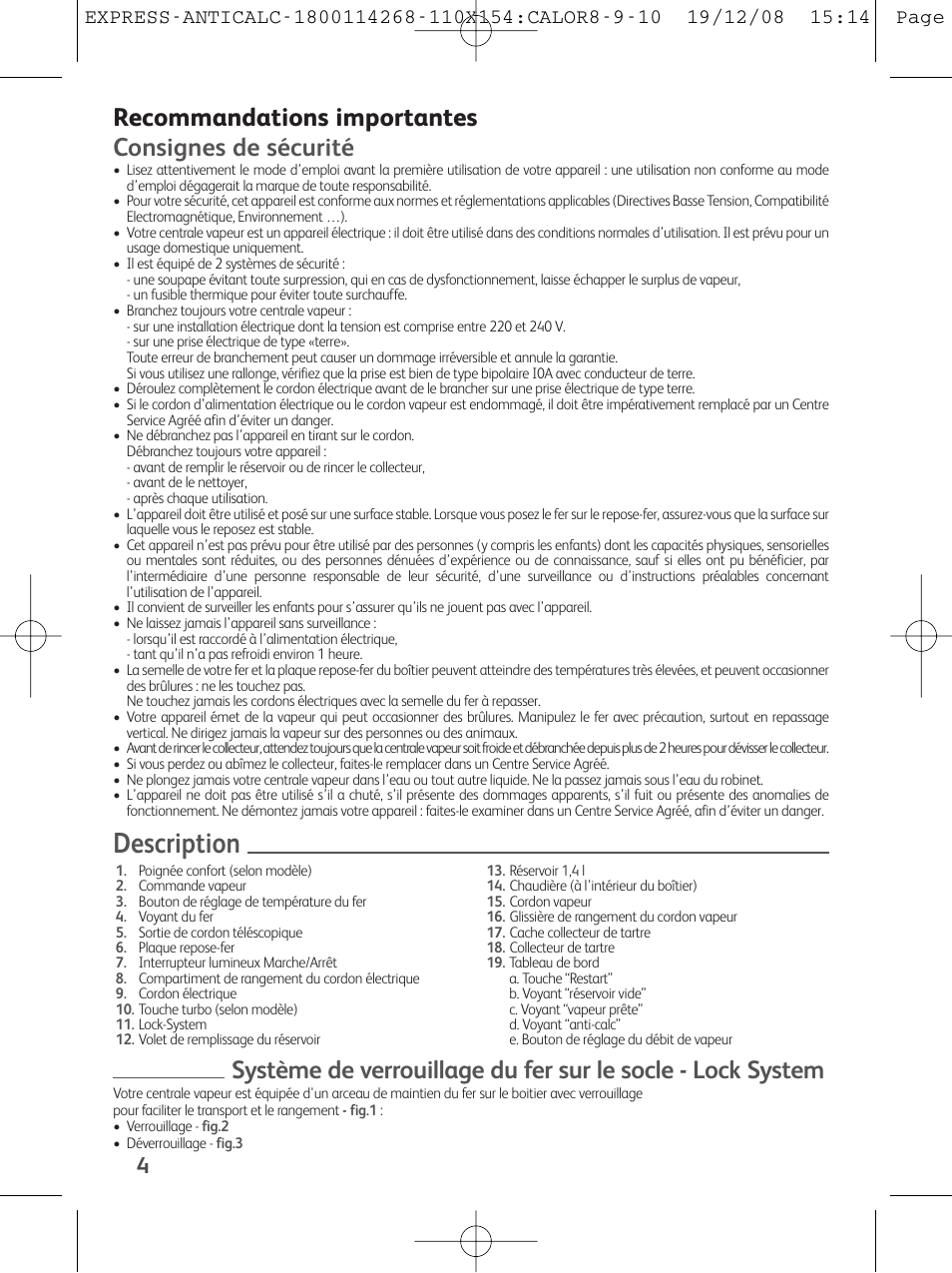 Description, Recommandations importantes consignes de sécurité | Tefal GV 7250 User Manual | Page 5 / 134