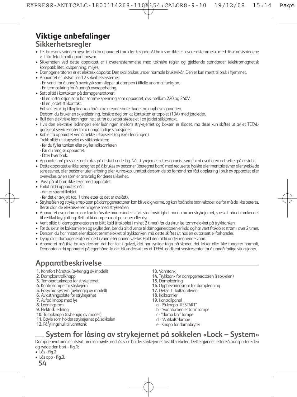Viktige anbefalinger sikkerhetsregler | Tefal GV 7250 User Manual | Page 55 / 134