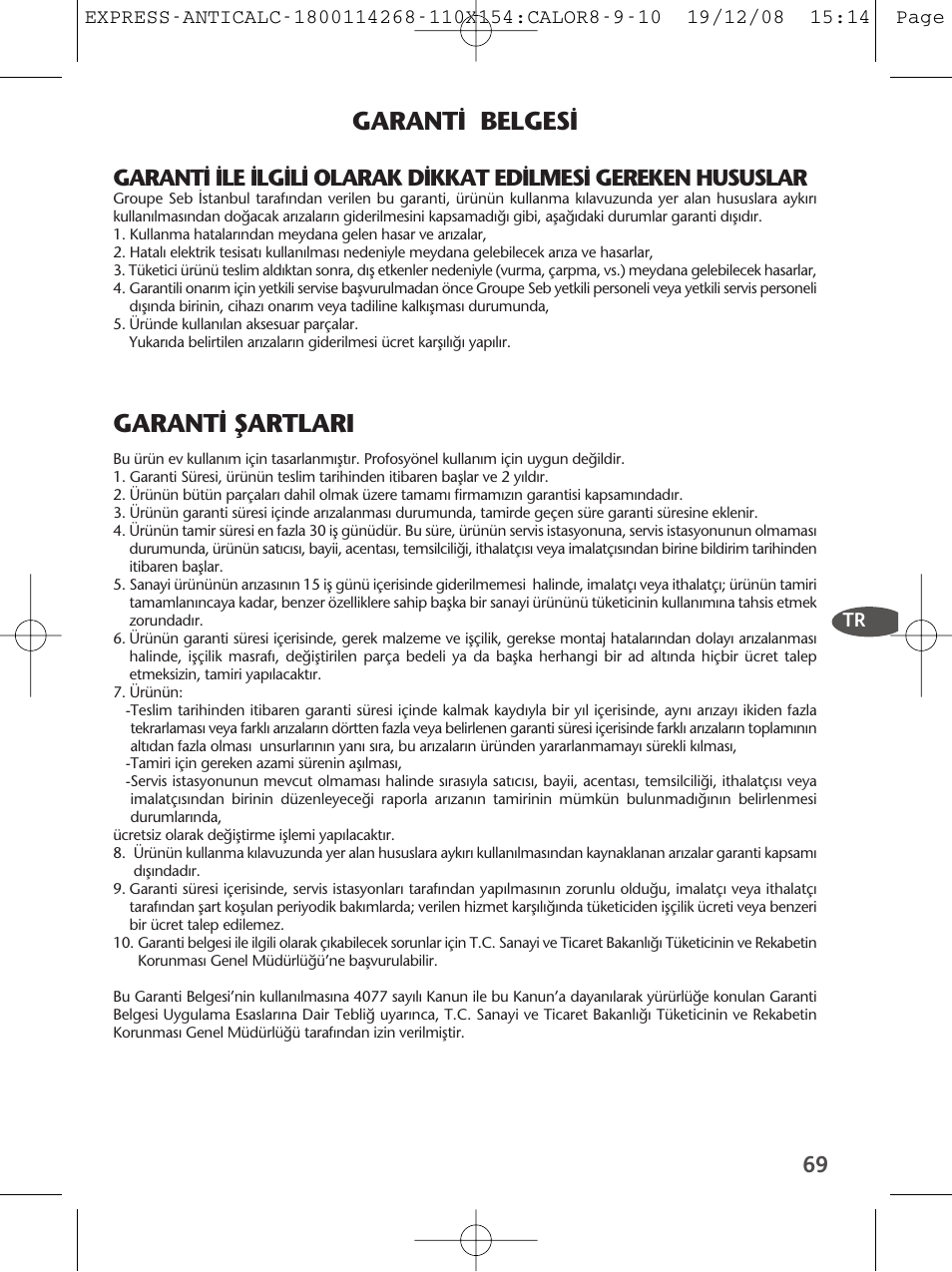 Garant‹ belges, Garant‹ fiartlari | Tefal GV 7250 User Manual | Page 70 / 134