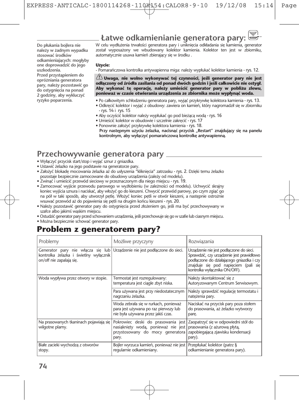 Atwe odkamienianie generatora pary, Przechowywanie generatora pary, Problem z generatorem pary | Tefal GV 7250 User Manual | Page 75 / 134
