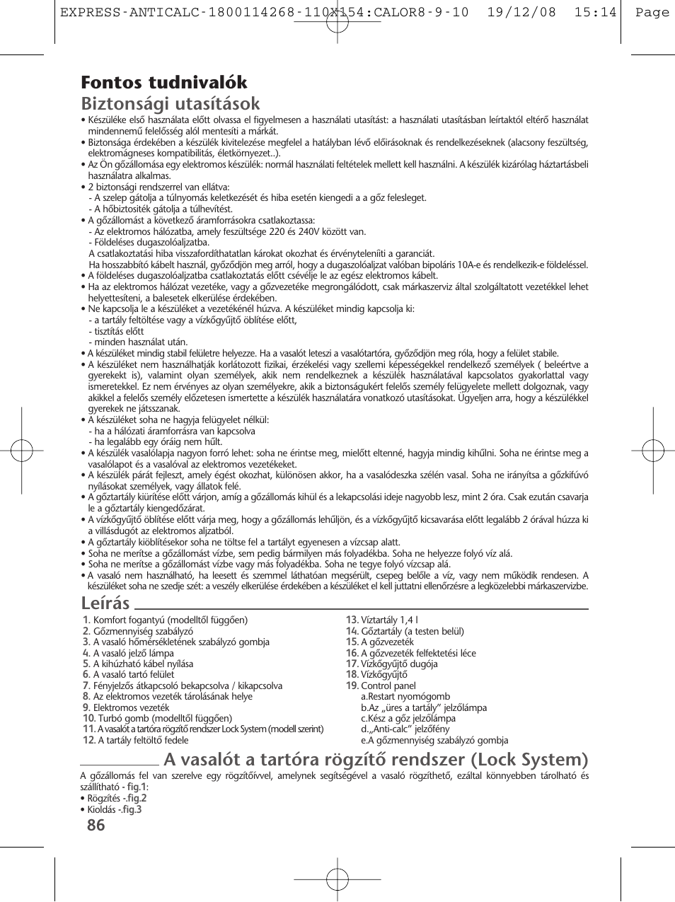 Fontos tudnivalók biztonsági utasítások | Tefal GV 7250 User Manual | Page 87 / 134