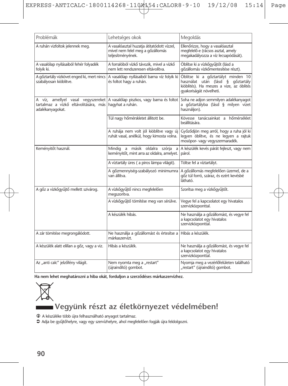 Vegyünk részt az életkörnyezet védelmében | Tefal GV 7250 User Manual | Page 91 / 134