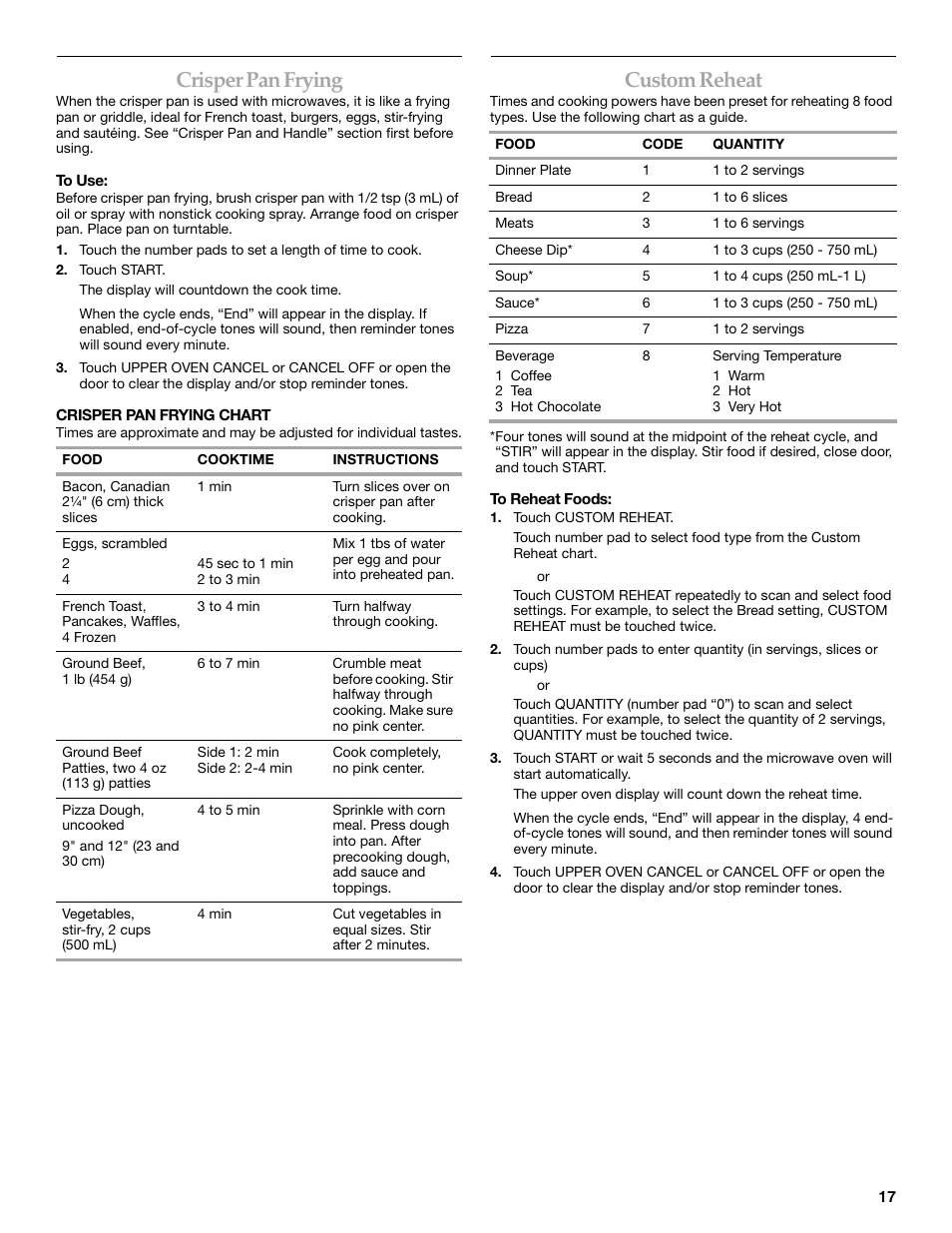 Crisper pan frying, Custom reheat | KITCHENAID KEHV309 User Manual | Page 17 / 28