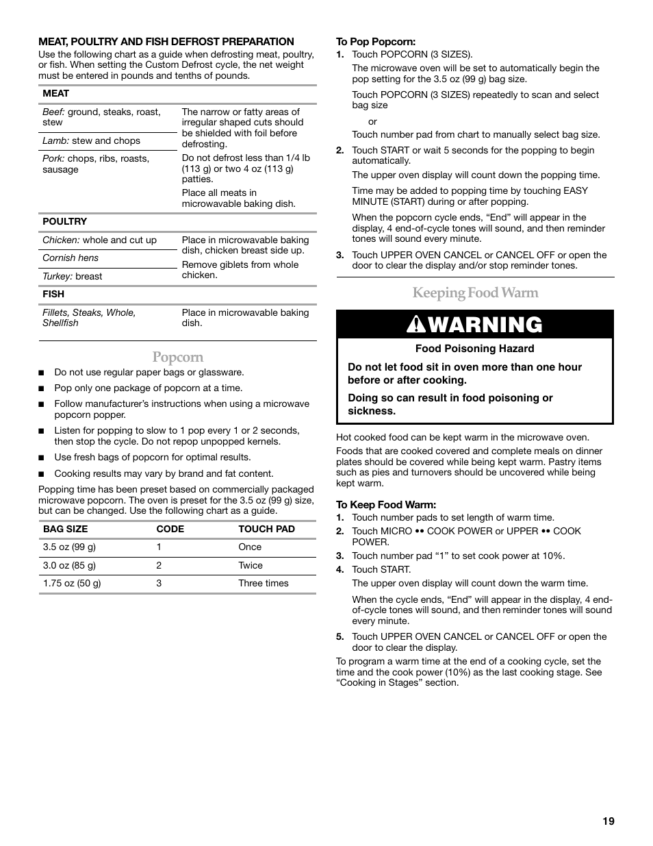Warning, Popcorn, Keeping food warm | KITCHENAID KEHV309 User Manual | Page 19 / 28