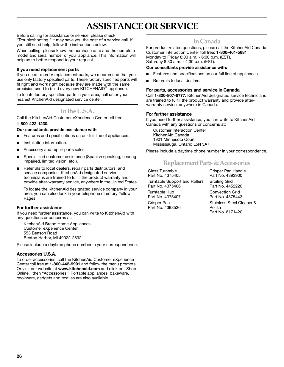 Assistance or service, Replacement parts & accessories | KITCHENAID KEHV309 User Manual | Page 26 / 28