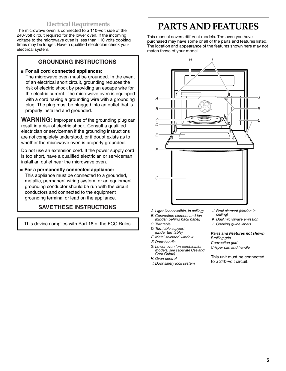 Parts and features, Electrical requirements, Warning | Grounding instructions, Save these instructions | KITCHENAID KEHV309 User Manual | Page 5 / 28