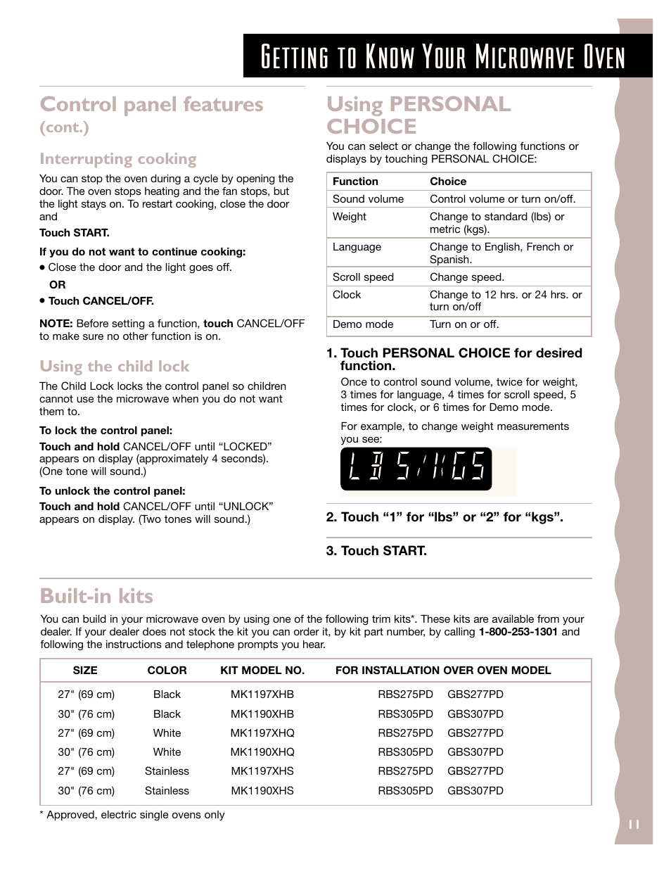 Using personal choice, Built-in kits, Getting to know your microwave oven | Control panel features, Cont.) interrupting cooking, Using the child lock | KITCHENAID KCMS185J User Manual | Page 11 / 52