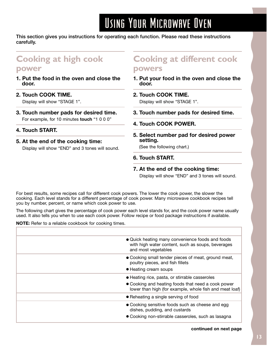 Using your microwave oven, Cooking at high cook power, Cooking at different cook powers | KITCHENAID KCMS185J User Manual | Page 13 / 52