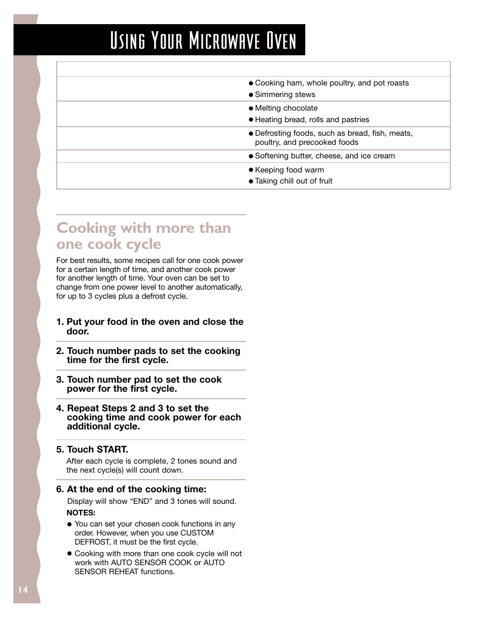 Using your microwave oven, Cooking with more than one cook cycle | KITCHENAID KCMS185J User Manual | Page 14 / 52