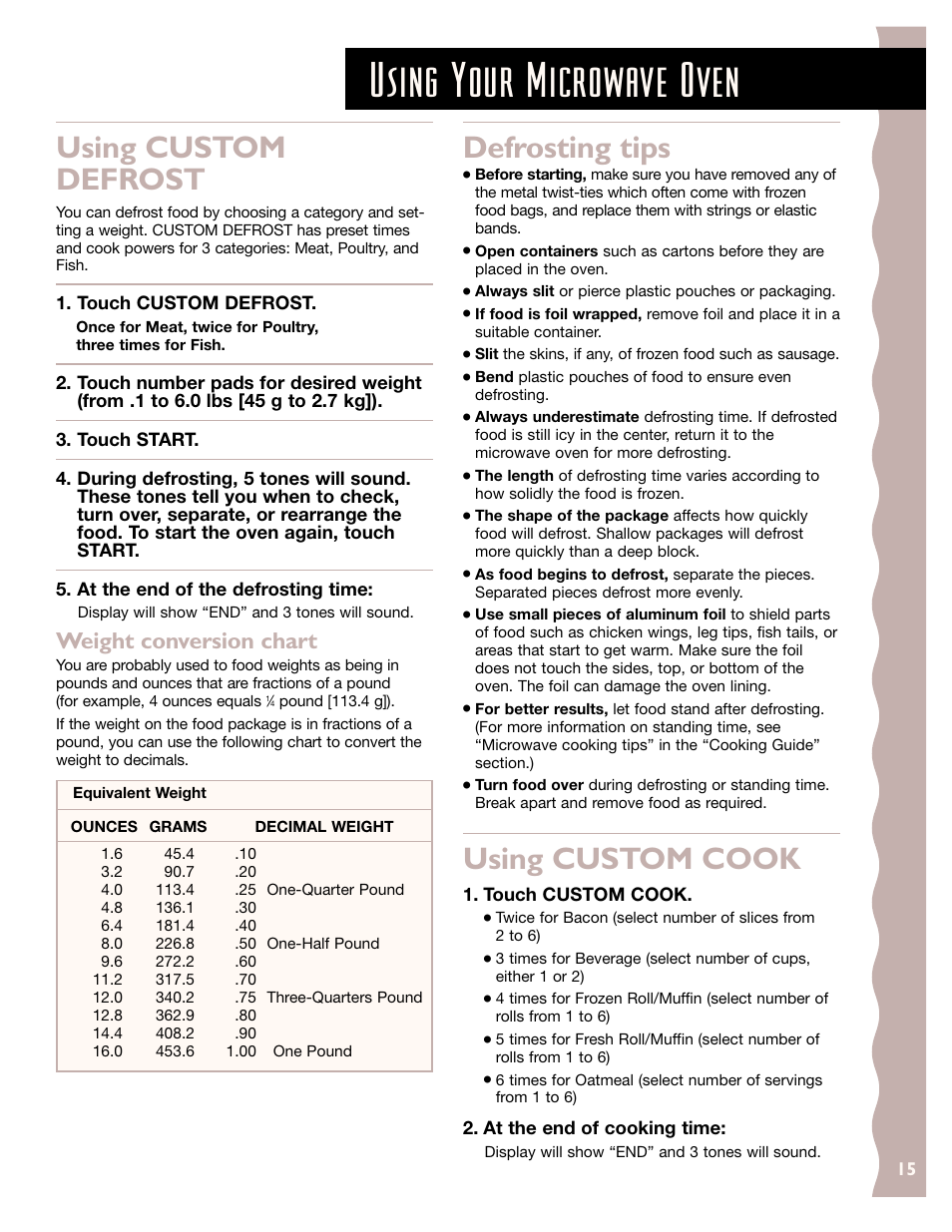 Using your microwave oven, Using custom defrost, Defrosting tips | Using custom cook, Weight conversion chart | KITCHENAID KCMS185J User Manual | Page 15 / 52